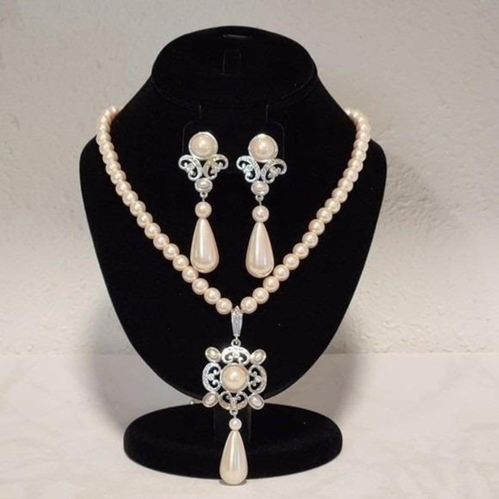 Vintage Richelieu Drop Faux Pearl And Silver Plated Pendant W/ Matching Earrings